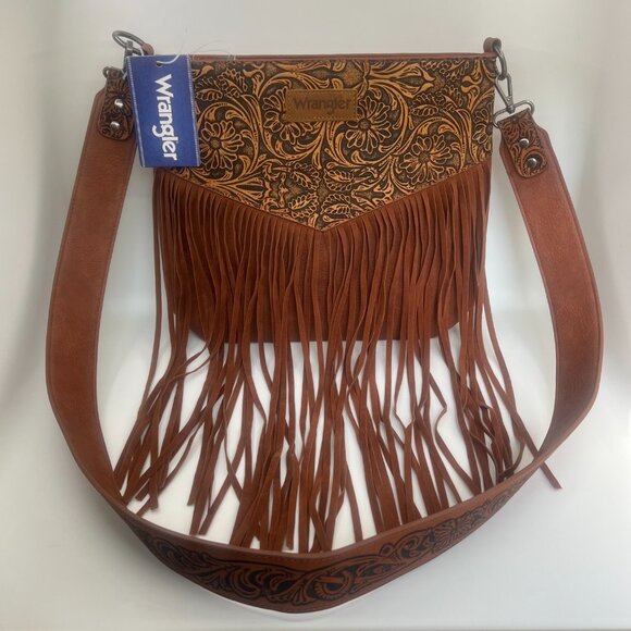 Wrangler Crossbody Bag Western Fringe Tooled Floral Strap Brown Faux Leather Pur - Picture 1 of 16
